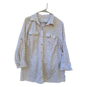 Charter Club Beige/Tan Linen Geometric Button-Up Shirt Size Medium